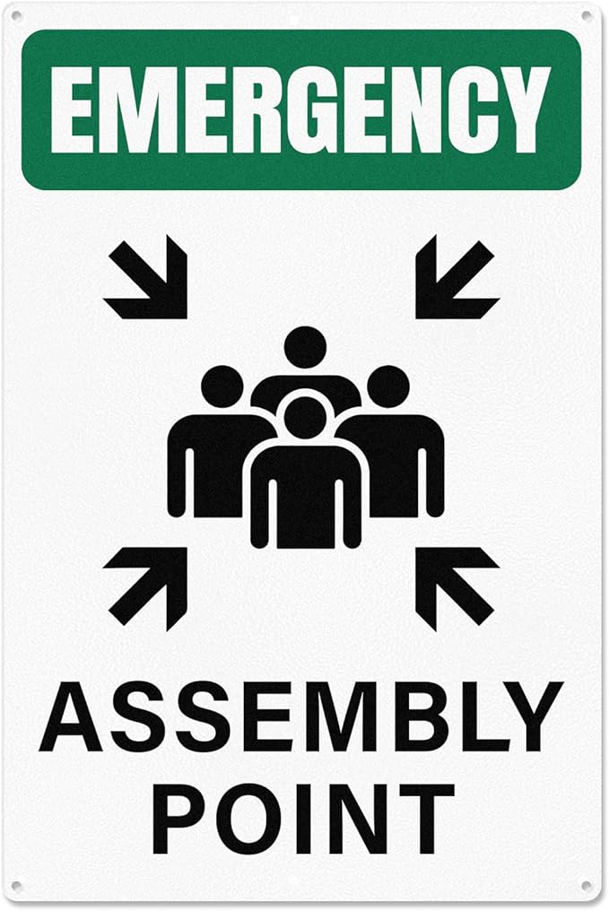 Emergency Assembly Point Sign with Pre-Drilled Holes 18 × 12 Inches Reflective Aluminum Waterproof Signage for Warehouse School Hospital