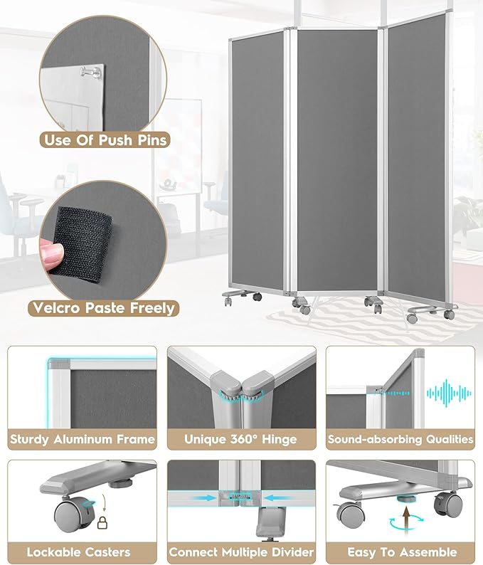 Flodable Wall Partition Sliding Office Dividers Workstation Privacy Panels Freestanding Rolling Screen,Grey Fabric,71" H x 24" W,Locking Wheel