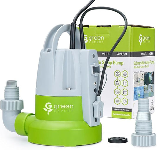 Green Expert 1/3HP Submersible Sump Pump with Unique Flow Sensor Switch Last-inch Water Drainage for Flooded Basement Backyard Pool Hot Tub Rain Barrel Easy to Use Backup Drain Pump 25-Foot Power Cord