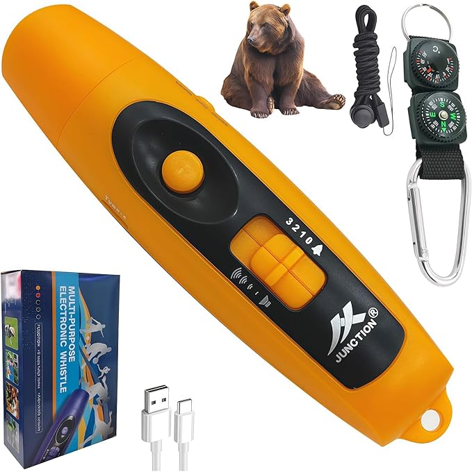 Rechargeable Bear Horn to Scare Bears, 125dB Electronic Air Horn with LED Flashlight & Compass & Thermometer, Electronic Whistle Bear Bells for Safety Hiking Camping Emergency Self Defense