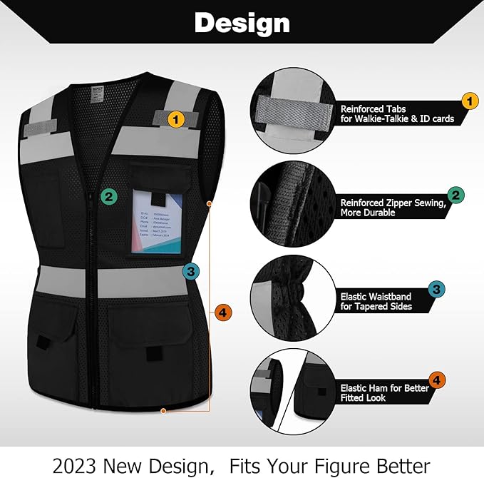 TCCFCCT Safety Vest for Women 11 Pockets Mesh Reflective Vest with Zipper, High Visibility Neon Construction Work Vest for Lady Surveyors/Warehouse, Snug-Fit, Durable, ANSI Compliant, Black XS