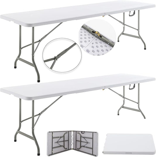 BTEXPERT Set of 2, 96" Long 8-Foot White Plastic Folding Table Portable 30" Wide, 29" High, Indoor Outdoor Events Banquet Dining Party Patio