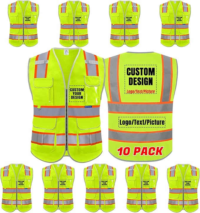 BeautyWill 10 Pack Custom Logo Safety Vest ANSI Class 2 High Visibility Reflective Vest Personalized Construction Vest Bulk