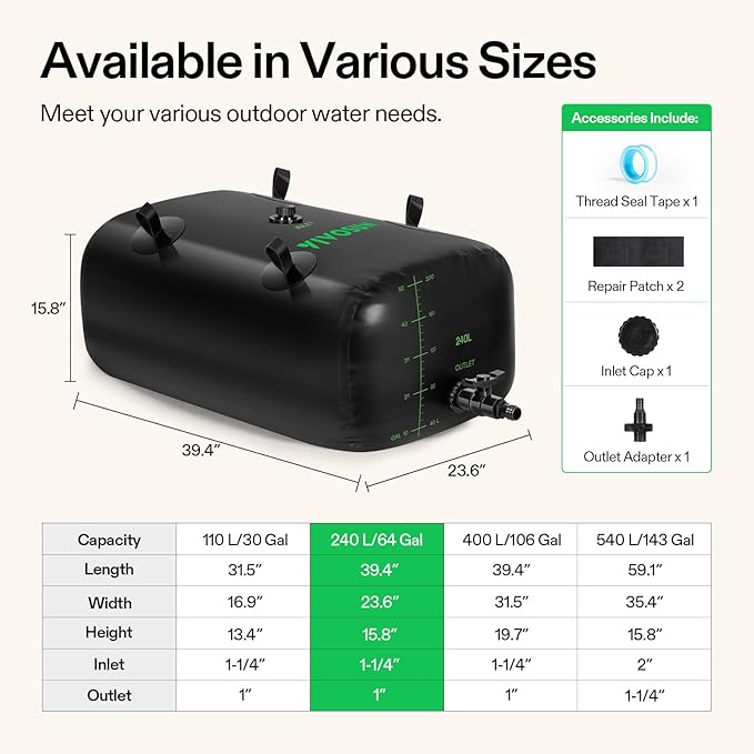 VIVOSUN 240 L/64 Gal Water Storage Bladder, Foldable and Portable Water Tank, Water Storage Bag Containers for RV, Camping, Garden, Irrigation, Drought Resistance, Firefighting