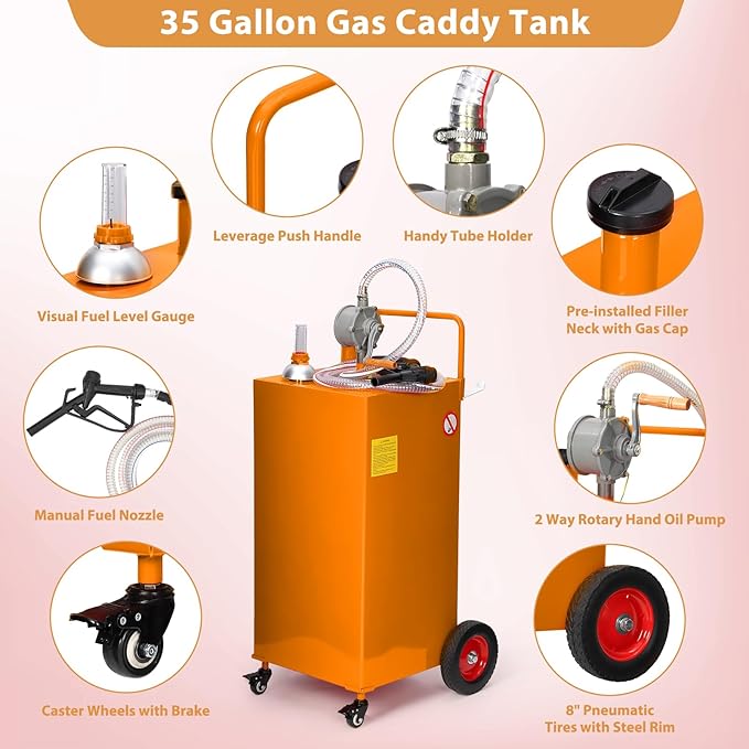 Upgraded 30 Gallon Fuel Caddy, Manual Hand Pump & Easy-Roll Wheels, Heavy-Duty UV-Resistant Steel Tank for Gas & Diesel, Portable Fuel Storage for Tractors, Mowers, Boats
