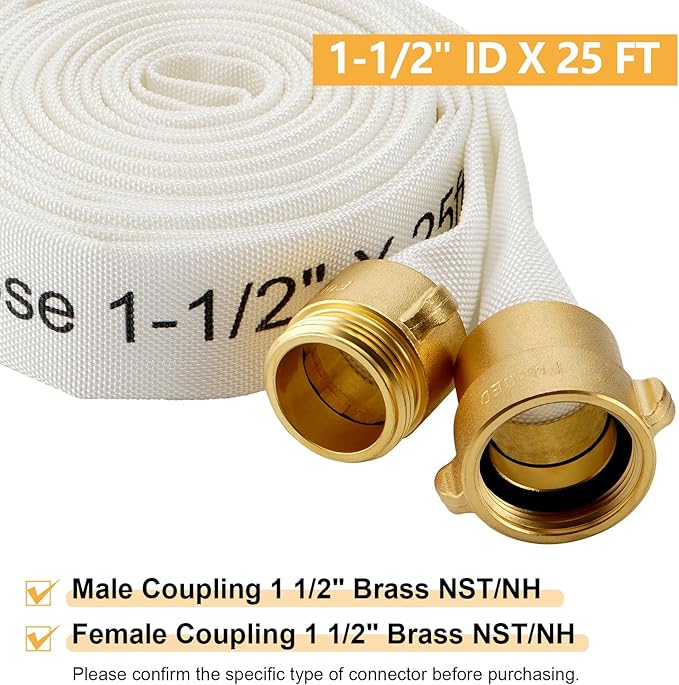 Fire Hose,1-1/2" ID X 25 FT, Single Jacket TPU, 450 PSI Burst Pressure, Industrial Fire Hose with NST/NH Brass Couplings for Indoor Use