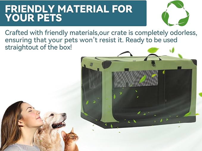 PETSFIT Collapsible Dog Crate, with Patented Adjustable Fabric Cover, Chewproof & Lockable Mesh Doors, Waterproof Base Soft Sided Kennel Green 26 Inch