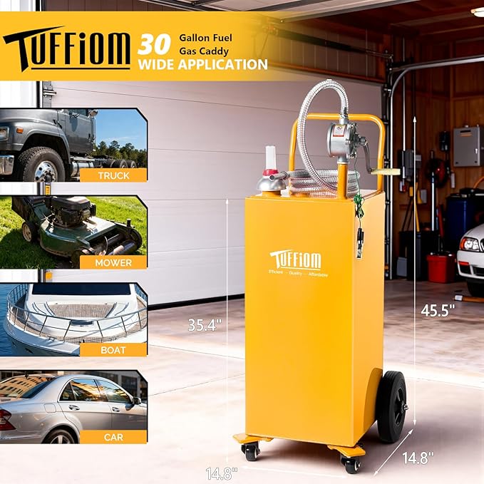 TUFFIOM 30 Gallon Portable Gas Caddy w/Swivel Wheels,Fuel Storage Tank, Gasoline Diesel Can with Fuel Transfer Rotary Hand Siphon Pump for Automobile ATV Car Mower Tractor Boat Motorcycle