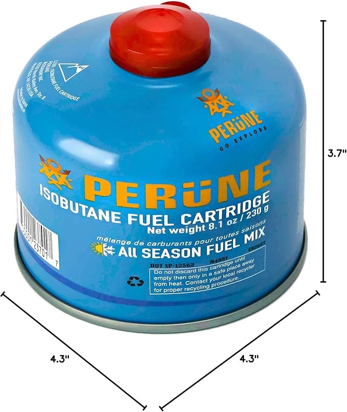 Perune Iso-Butane Camping Fuel Gas Canister All Season Mix - 230gram (4 Pack)