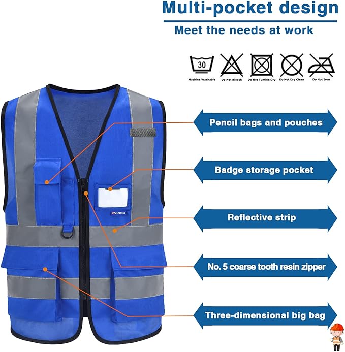 A-SAFETY Blue High Visibility Vests Reflective Work Vest,Hi Vis Bright Neon Color with 4 Reflective Strips 7 Pockets