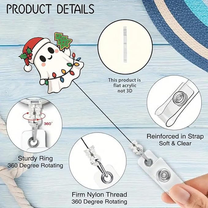 Cute Christmas Colored Lights Ghost Badge Reel Winter Holly Nurse Nursing Badge Clip with Retractable & Rotate Alligator Clip Christmas Badge Holder for RN CNA LPN Medical Worker