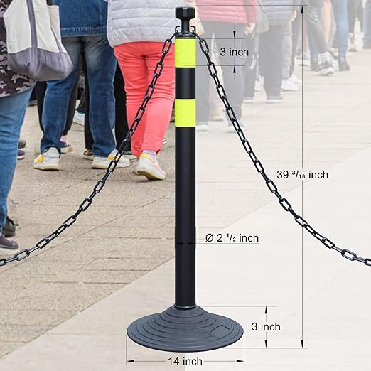 6-Set Pack 40" inch Black Yellow Work Zone Chain Post Set, 6 x 6.6' Feet Plastic Chains, Portable Crowd Control Stanchion Set, Traffic Queue Delineator Post Cones (Black-Rubber Base)