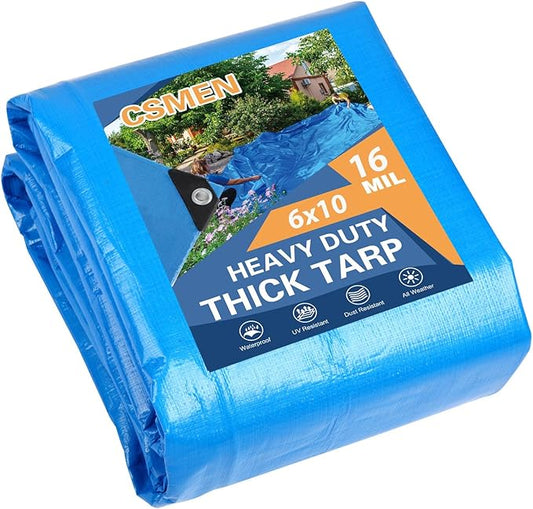 Tarp Heay Duty Waterproof 6x10ft,Blue Tarp Cover Plastic Poly Tarpaulin for Outdoor Cover,Emergency Rain,Roof, Pool, Boat,Camping - Multipurpose with 16Mil Thickness