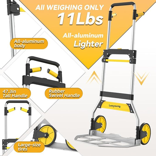 Aluminum Folding Hand Truck 309lb Capacity - Collapsible Dolly Cart with 47.3" Adjustable Handle, TPR Wheels & Portable Hand Truck Design, 11lbs Lightweight Storage Solution (No Assembly)