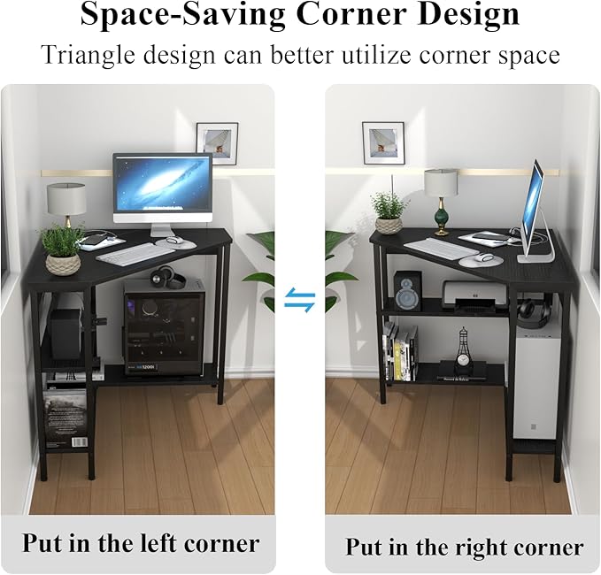 Auromie Corner Desk with Outlets & USB Ports, 90 Degree Triangle Corner Table with CPU Stand & Storage Shelves for Small Space, Computer Table with Charging Station for Home Office Bedroom (Black)