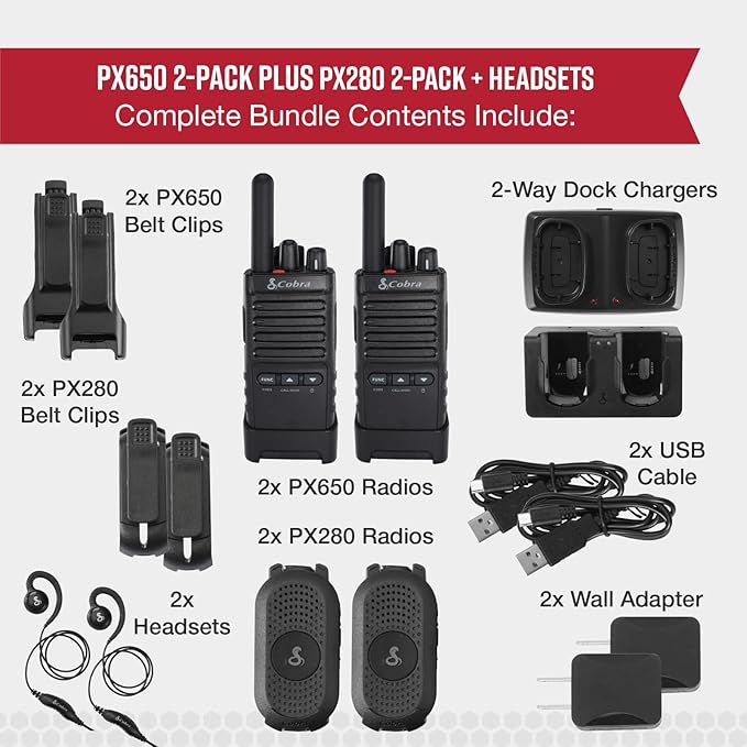 Cobra Business Radio Bundle – 4 Professional Walkie Talkies (2 PX280, 2 PX650) + 2 Headsets - Compact Long-Range Two-Way Radios, Dock Chargers, IP54 Durable, Rechargeable