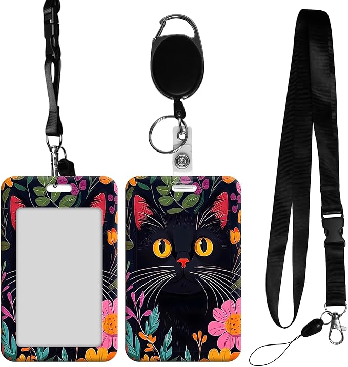ID Badge Holder with Retractable Lanyard for Women & Men,Vertical ID Card Holder Wallet,Clear Window&Card Slot,Detachable Neck Strap for Nurse Teacher Office,Flower Cute Cat