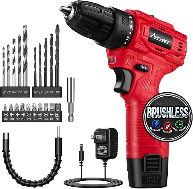 AVID POWER Brushless Power Drill Set, 2-Speed Control, 3/8-Inch Keyless Chuck & 25+1 Position, 12V Electric Drill Cordless Driver Kit with 2000mAh Battery, Charger and 22pcs Accessories
