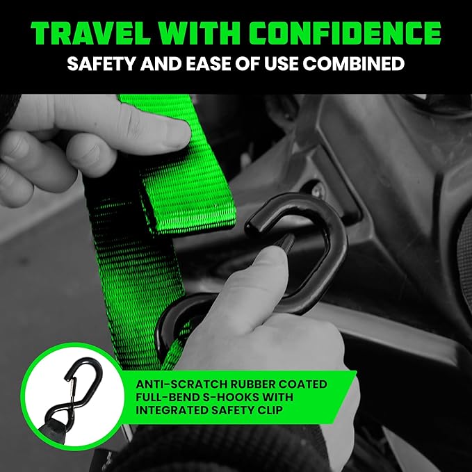 Rhino USA Motorcycle Tie Down Straps (2 Pack) Lab Inspected 2,200lb Break Strength, Steel Cambuckle Tiedown Set with Integrated Soft Loops - Better Than a Ratchet Strap (Green 2-Pack)