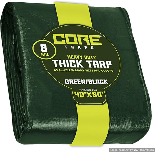 Core Tarps Heavy Duty 8 Mil Tarp Cover, Waterproof, UV Resistant, Rip and Tear Proof, Poly Tarpaulin with Reinforced Edges for Roof, Camping, Patio, Pool, Boat. (Green/Black 40′ X 80′)