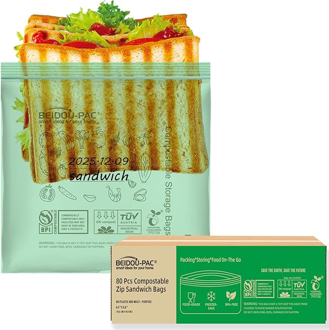 Compostable Sandwich Food Storage Freezer Bags, 80 Count | 2 Mil | 6.5 IN x 5.8 IN, Freshness Easy Open Biodegradable Eco-Friendly Reclosable Compost Zip Bags