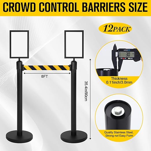 Therwen 12 Pcs Stanchions with 8.2 ft Retractable Belt Black Yellow Crowd Control Stanchions Set and Stanchion Post Sign Easy to Assemble Line Dividers Queue Ropes for Theaters, Weddings, Exhibitions