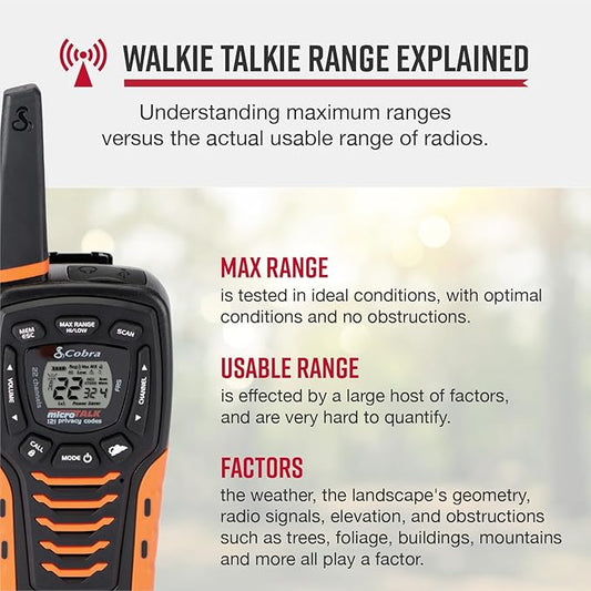 Cobra ACXT645 Waterproof Walkie Talkies for Adults with Compatible Cobra Surveillance Headset Microphone: Rechargeable, 22 Channels, 35-Mile Range, 2 Two-Way Radios, 2 Headsets, Black/Orange