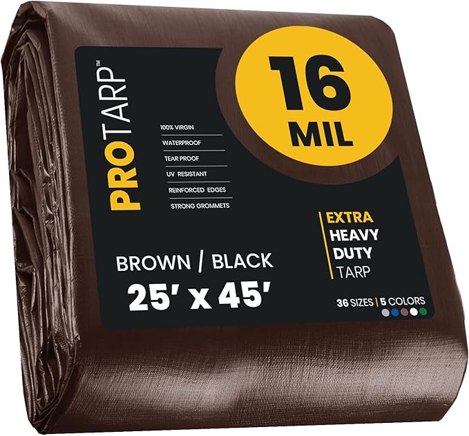 PROTARP Extra Heavy Duty 16 Mil Tarp Cover, Waterproof, UV Resistant, Rip and Tear Proof, Poly Tarpaulin with Reinforced Edges for Roof, Camping, Patio, Pool, Boat. (Brown/Black 25′ X 45′)
