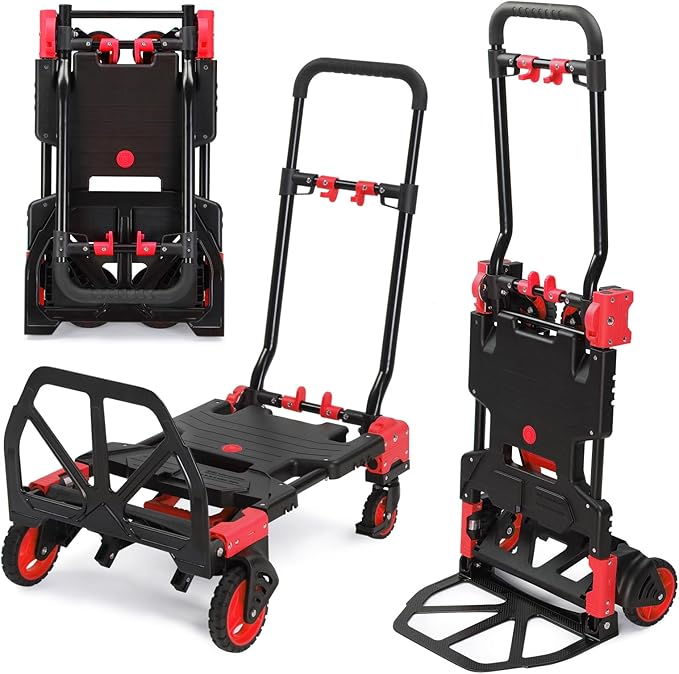TUFFIOM Folding Hand Truck, Dolly Cart 330 lbs Capacity 2-in-1, Foldable Hand Truck with Retractable Handle and 4 Rubber Wheels, Hand Cart Dolly for Shoping, Office, Travel, Moving
