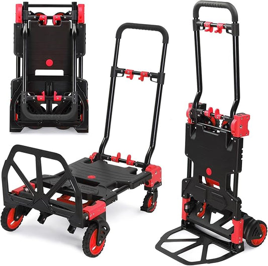 TUFFIOM Folding Hand Truck, Dolly Cart 330 lbs Capacity 2-in-1, Foldable Hand Truck with Retractable Handle and 4 Rubber Wheels, Hand Cart Dolly for Shoping, Office, Travel, Moving