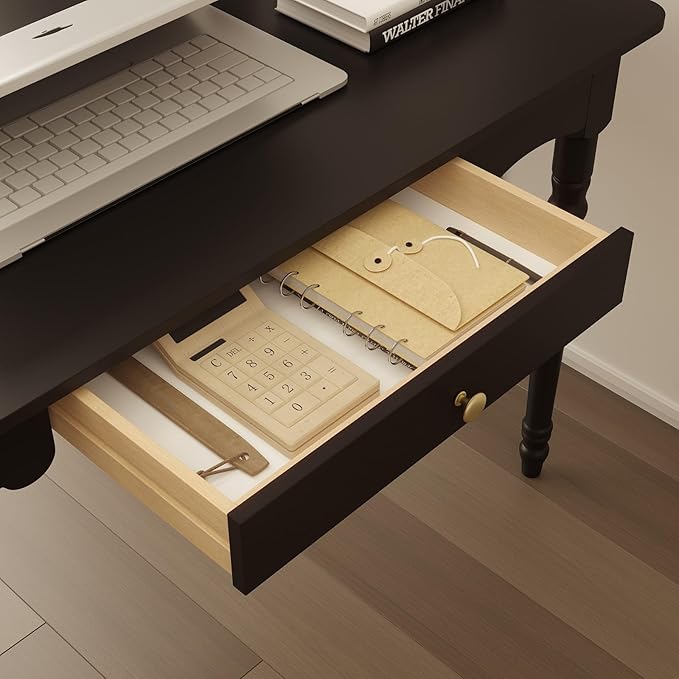MOUMON Writing Desk with a Drawer, 47.2” Small Computer Desk for Home Office, Wood Study Table Craft Desks for Living Room Bedroom, Round Edge, Black, 23.6”D x 47.2”W x 29.4”H