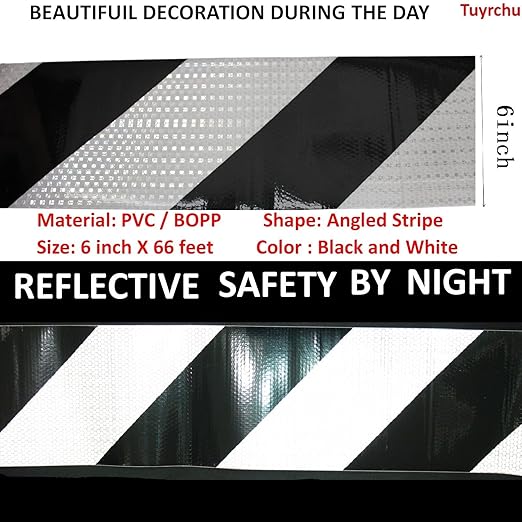 Reflective Tape Black White 6 inch Wide for Bikes, Outdoor Waterproof High Visibility Safety Warning Adhesive Strips (66 feet)