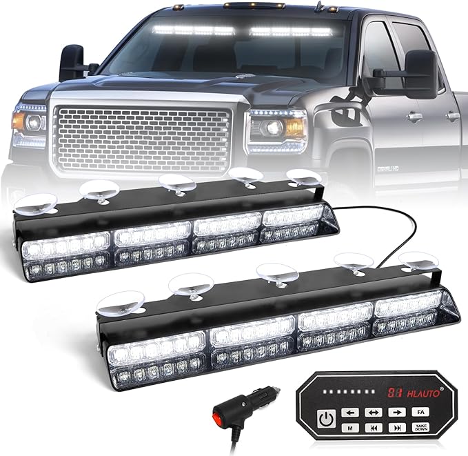 HLauto 604N Emergency Dash Strobe Lights: 2x16.8 inch White Security Light w/Take Down, 48 LED Safety Flashing Warning Hazard Interior Windshield Visor Light Bar for Trucks Vehicles