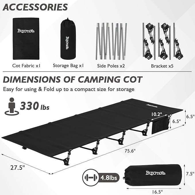 Ultralight Folding Tent Camping Cot Bed Lightweight Backpacking Cot Without Tools Hiking Cot Portable Camping Bed for Adults Camping Hiking, Travel, Home, Black