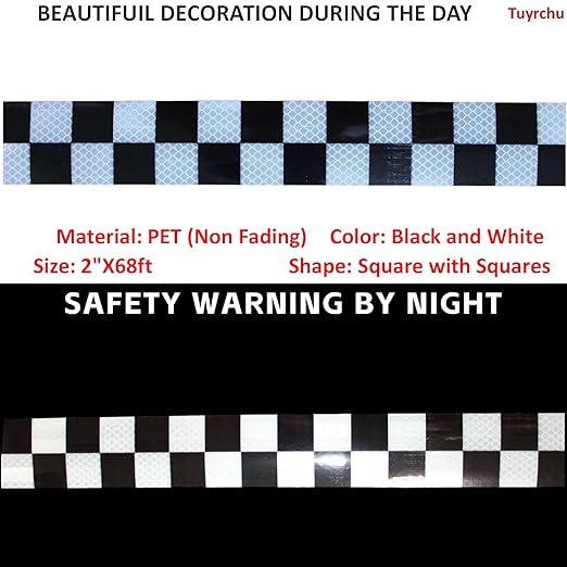 Reflective Tape Black and White 2 inch Wide for Cars, Outdoor Waterproo High Visibility Safety Warning Sticker Strips (68 feet)