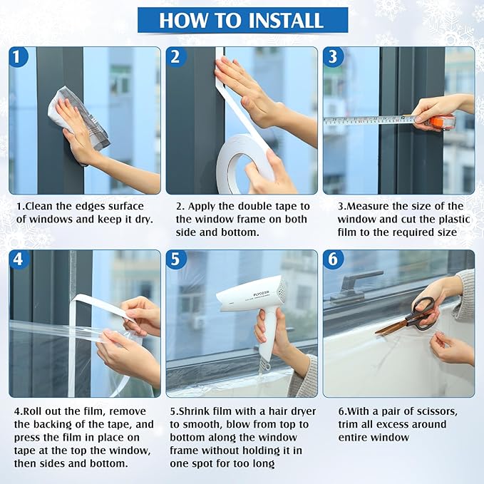 Frienda Window Insulation Kit for Winter Each Roll 62 x 210 Indoor Window Plastic Insulation Kit with Double Sided Tape Clear Shrink Covering Film(4 Roll)