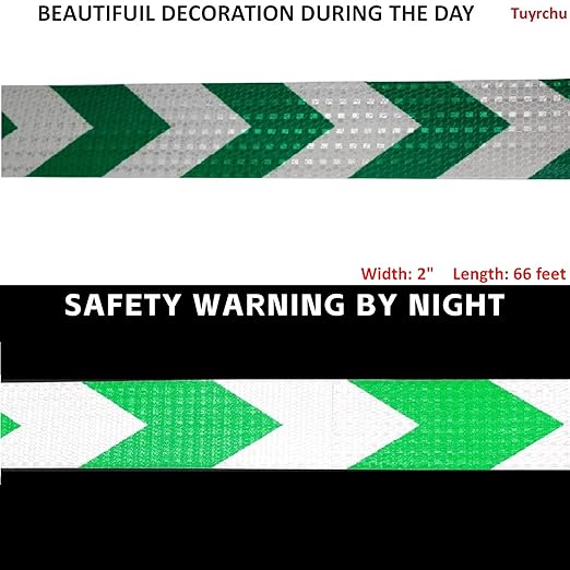 Reflective Tape Green and White 2 inch X 66 feet, Outdoor Waterproof Hazard Conspicuity Warning Industrial Marking Tape