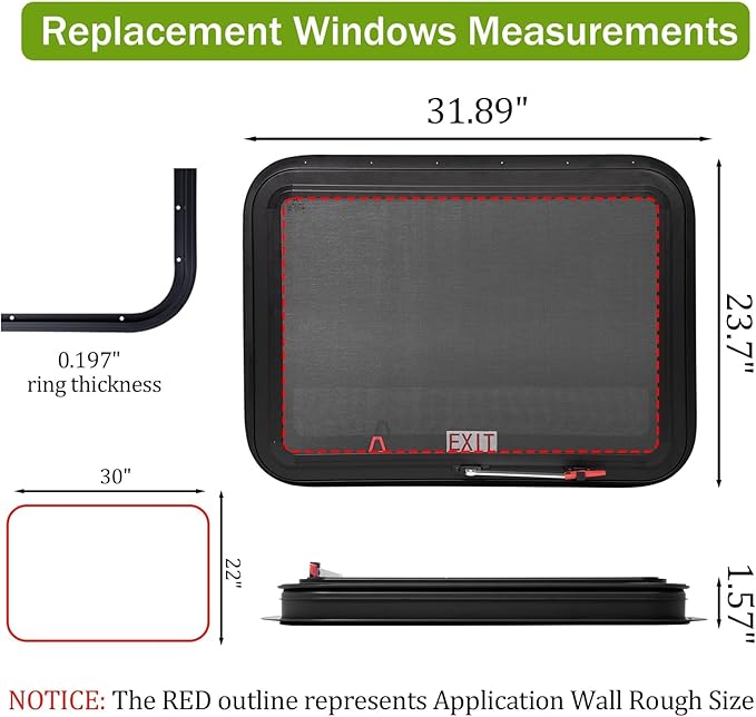 30"x22" RV Emergency Exit Window - DOT-Certified Tempered Glass, Security Lock, Waterproof Aluminum Frame w/Mesh Screen (Fits 1"-1.77" Walls, Complete Kit)