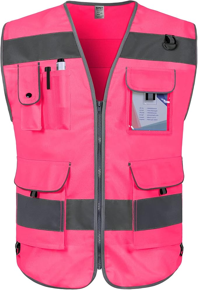 TCCFCCT Reflective Safety Vest 9 Pockets High Visibility Vest for Men Women, Hi Vis Reflective Work Vest for Safety, Meets ANSI/ISEA Standards, (Pink, XX-Large)