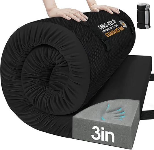 CYMULA Memory Foam Camping Mattress Pad,3inch Sleeping Pad for Camping,Non-Slip Bottom Floor Cot Car Mattress Bed with Retaining Portable Roll up Mattress Pad Mat for Travel Truck Guest Bed Tent