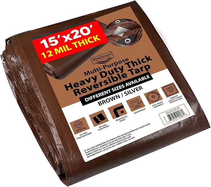 [15'X20'] RSW Heavy Duty Waterproof 12 Mil Safety Reversible Tarp Cover, UV Resistant, Rip and Tear Proof Tarpaulin with Reinforced Edges - for Roof, Camping, Patio, Pool Cover, Boat (Brown/Silver)