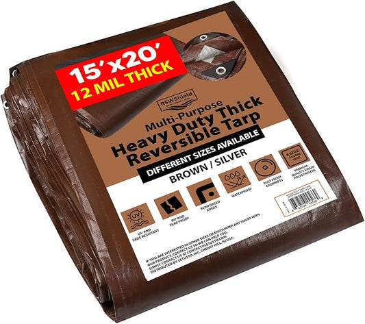 [15'X20'] RSW Heavy Duty Waterproof 12 Mil Safety Reversible Tarp Cover, UV Resistant, Rip and Tear Proof Tarpaulin with Reinforced Edges - for Roof, Camping, Patio, Pool Cover, Boat (Brown/Silver)