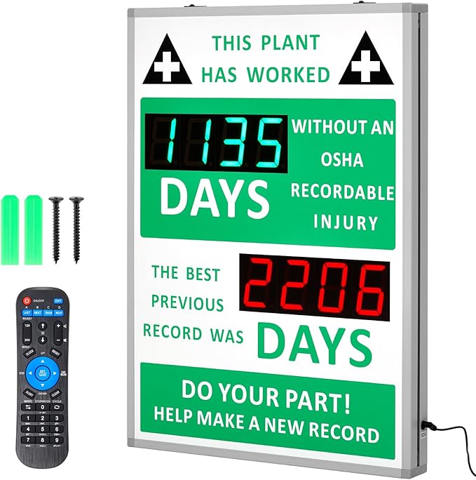 Days Safety Is The Priority Without Accident Sign Electronic Safety Scoreboard 28" x 20" with Remote Control Safe Scoreboard Sign Days Without a Lost Time Accident Are Avoidable(with Bast Record)