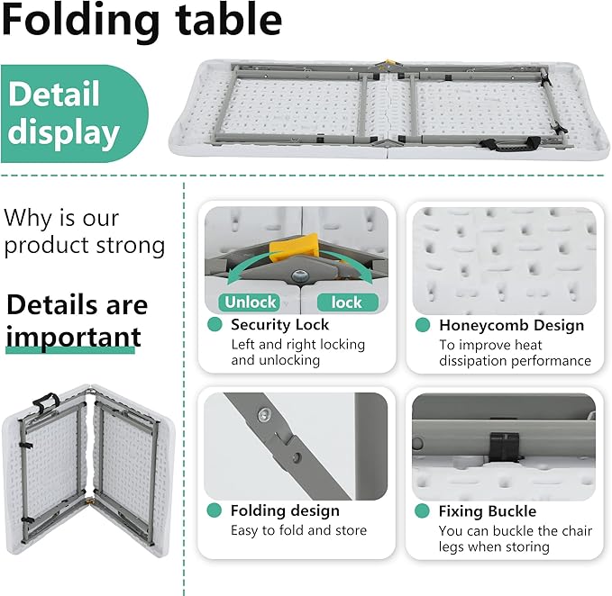 FDW Folding Half Portable Foldable Table for Parties Backyard Events (White, 6 FT 70 * 29) (White, 4 FT)