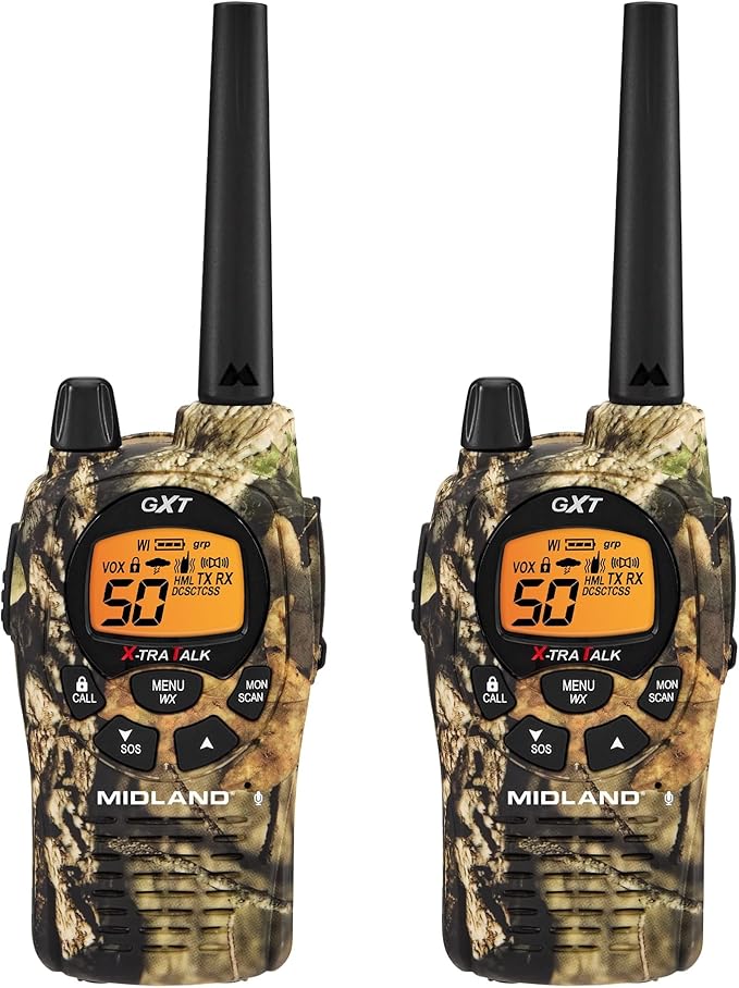 Midland GXT1050VP4 GMRS Two-Way Radio (50-Channel, Long Range, 142 Privacy Codes, SOS, NOAA, Rechargeable Nickle Battery, Mossy Oak Camo, 2-Pack)