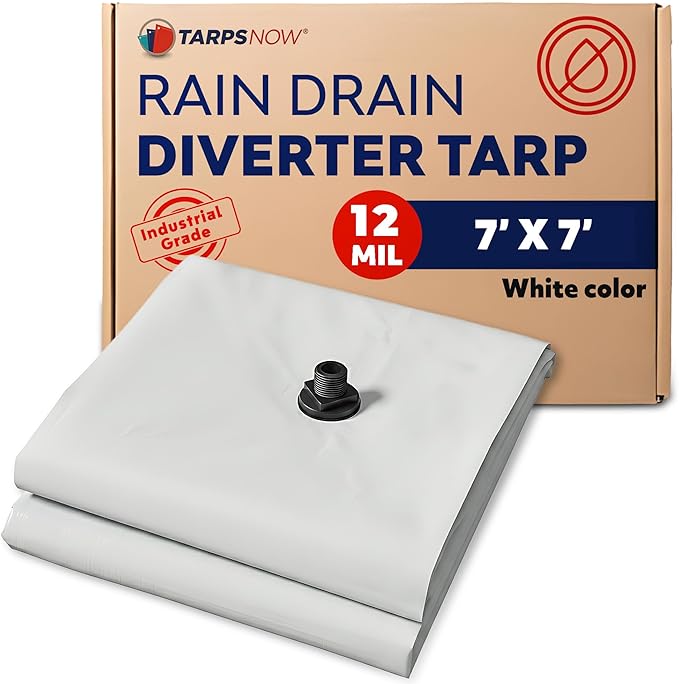 Heavy Duty Ceiling Leak Diverter Tarp with Drain Flange - Roof Water Diverter for Emergency Leaks - Water Leak Catcher with D-Rings - Effective Water Diverter - 7' x 7'