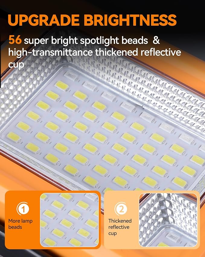 50W Multifunction Solar Rechargeable Work Light 56 LED Portable Flood Light with Stand 4 Modes LED Waterproof Job Site for Car Repair Fishing Camping Mechanic 1 Pack