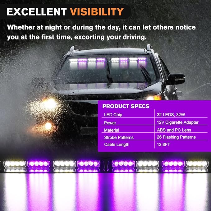 Nilight 32LED Purple White Emergency Dash Strobe Lights with Controller Suction Cups Warning Hazard Interior Front/Rear Windshield Deck Split Light Bar for Truck Construction Vehicle