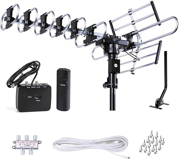 Five Star Outdoor HD TV Antenna Strongest Up to 200 Miles Long Range with Motorized 360 Degree Rotation, UHF/VHF/FM Radio Infrared Remote Control with Installation Kit and Jpole