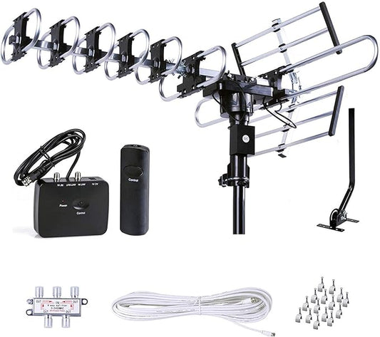 Five Star Outdoor HD TV Antenna Strongest Up to 200 Miles Long Range with Motorized 360 Degree Rotation, UHF/VHF/FM Radio Infrared Remote Control with Installation Kit and Jpole